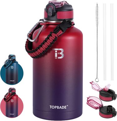 Stainless Steel Water Bottle 1900 ml (+2 Lids), 1.9 Liter Insulated Water Bottle with Straw, Leak-Proof Double-Walled Insulated Bottle with Chug Lid for School, Fitness, Outdoors