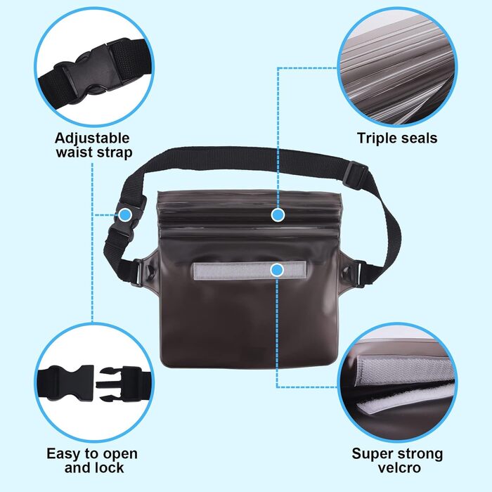 Водонепроникна сумка-чохол на пояс з регульованим ремінцем, IP68, для фотографії, водних видів спорту, пляжу, плавання, риболовлі тощо. Чорний + Сірий
