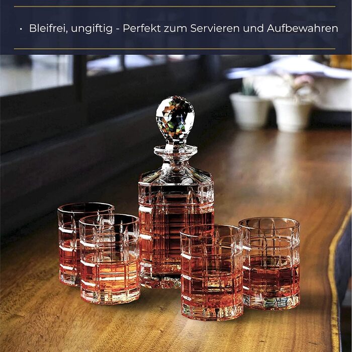 Regal Trunk & Co. Whisky Kristallgläser Set with Decanter - Set of 4 Square-Engraved Tumblers and Carafe - Crystal Whisky Decanter Set for Bourbon and Scotch - Includes Gift Box and Polishing Cloth