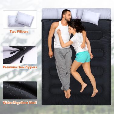 Спальний мішок Ohuhu на 2 особи, 220x150 см, для кемпінгу, подорожей, сімейного відпочинку та фестивалів (чорний, 3.5 кг)