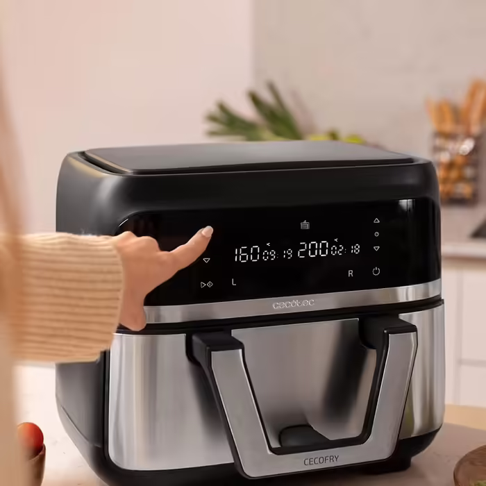 Cecotec Oil-Free Hot Air Fryer - 9L divisible into 2 - Air Fryer Cecofry Dual 9000. 2850W, dietary and digital, touch panel, dual temperature control, 6 modes, PerfectCook technology Black and Stainless Steel 1 9L basket + divider