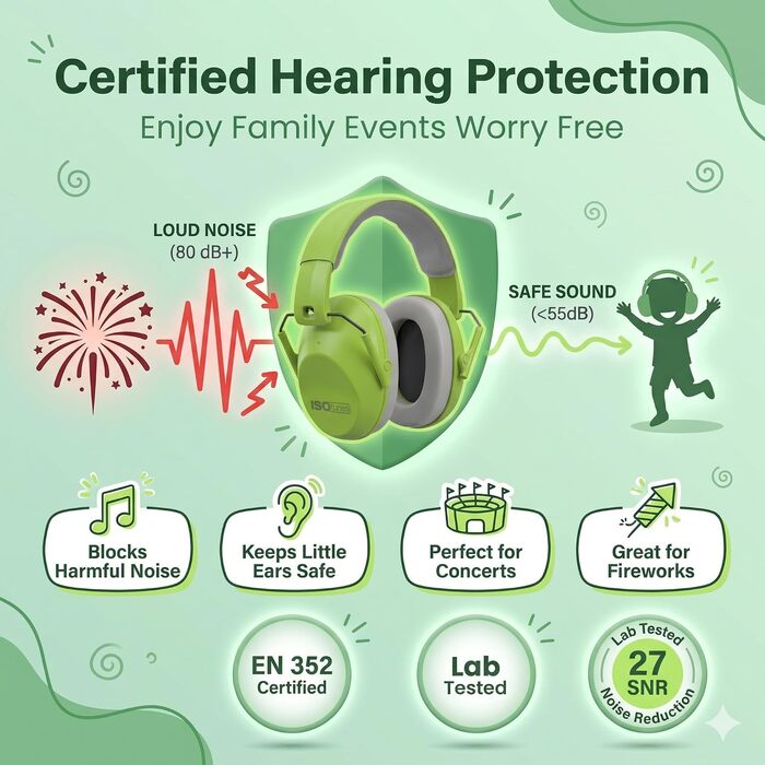 Дитячі шумопоглинаючі навушники ISOtunes Junior Defender для концертів, феєрверків та спортивних заходів, колір зелений