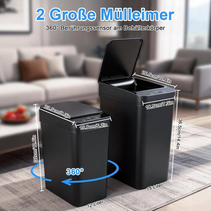 2 Автоматичні сенсорні смітники (15л & 12л) для кухні, ванної, офісу - водонепроникні, тихі, з кришкою та 3 режимами відкриття