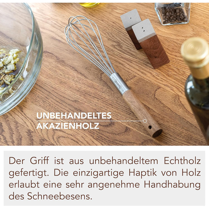 Преміум вінчик для збивання з дерев'яною ручкою з акації 28 см - високоякісний вінчик для збивання з нержавіючої сталі для кухні (стійкий до корозії) - дизайнерський вінчик та ручний вінчик з дерева