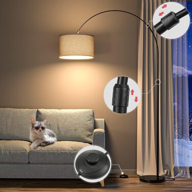 Торшер для вітальні JASMIN I з LED E27, тканинний абажур 33 см, вимикач на нозі, вінтажний стиль, підходить для спальні, готелю