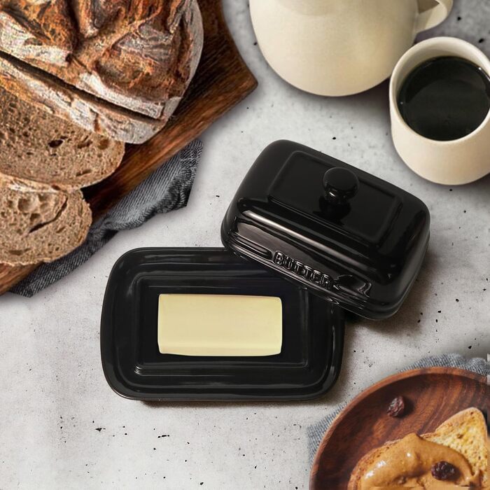 Ceramic Butter Dish with Lid for Countertop, 12.7 x 19.1 cm, Large Butter Container, Black Butter Holder for 2 Sticks, Butter Dispenser for Kitchen Countertop, Ceramic Butter Dishes with
