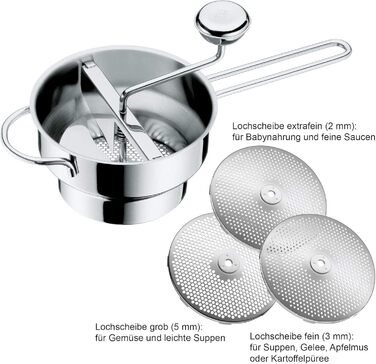 Прес-млин для овочів WMF Gourmet з 3 дисками, 19x11,5 см, нержавіюча сталь Cromargan, розбірний, та професійна терка для шпецле 35x14 см з лопаткою, нержавіюча сталь Cromargan