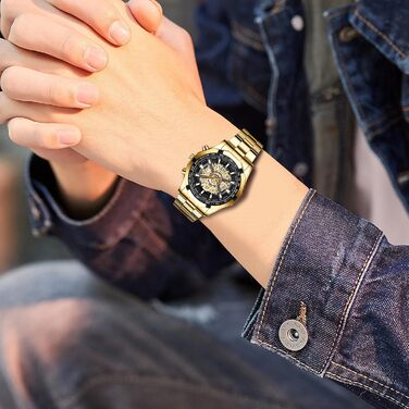 Чоловічий годинник з датою, свідодіодами, 3ATM, водонепроникний, з імітацією механічного, аналоговий кварцовий годинник з календарем, тахіметром, свідодіодами, подарунок для чоловіків (золотий)