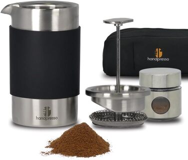 Handpresso - Travel Press with Bag | 0.35 Liters (2-3 Cups) | French Press Stainless Steel | Double-Walled Insulated Coffee Press | Thermo French Press Small for Camping or Travel