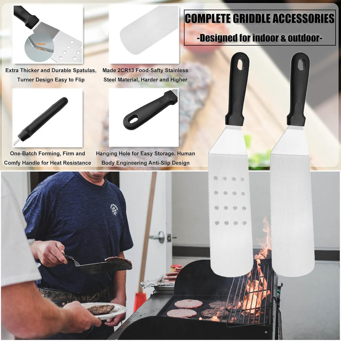 Набір гриль-аксесуарів Kwaiyole: набір інструментів для гриля з нержавіючої сталі, важкий гриль-шпатель, аксесуари для кемпінгу, BBQ, Smoker, Plancha, газового гриля. Ідеальний подарунок для чоловіків та жінок.