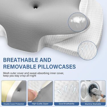 Подушка для шиї Ehomfory з піною з пам'яті, дихаюча, ергономічна, для сну на боці, спині та животі (срібна)