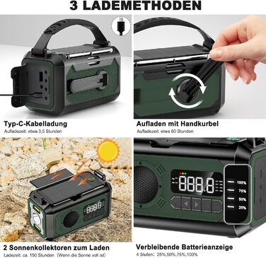 Радіоприймач Kurbelradio на сонячній енергії з ручним заводом, 12000mAh, 7-в-1, SOS, ліхтарик, компас, зелений