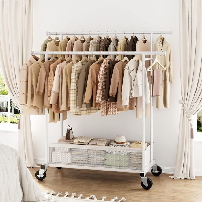 Подвійний мобільний вішак для одягу з кошиком для білизни, металевий (110 кг), білий - міцний вішак для пальт, суконь, светрів