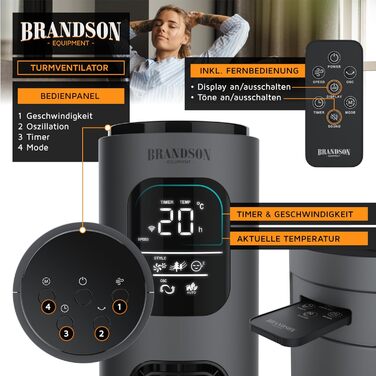 Brandson ECO Tower Fan - Silent DC Motor, 12 Speed, Remote Control, Timer, Energy Efficient, Cool Grey
