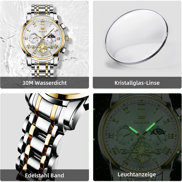 Годинник чоловічий OLEVS B1 з хронографом, водонепроникний, кварцовий, стильний, біле циферблат, золотисто-сріблястий браслет