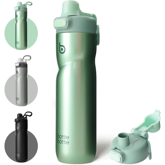BOTTLE BOTTLE Insulated Water Bottle, 680 ml, with Handle and Flip-Top Lid, Bicycle Water Bottle, Push-Button Lid, Leak-Proof, Portable, for Travel, Sports, Riding, Green