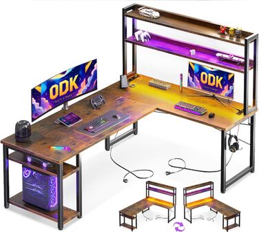 Ігровий стіл ODK з LED-підсвіткою, L-подібний реверсивний письмовий стіл з розетками, кутовий стіл з верхньою полицею для фігурок, вінтажний коричневий, 150×120 см