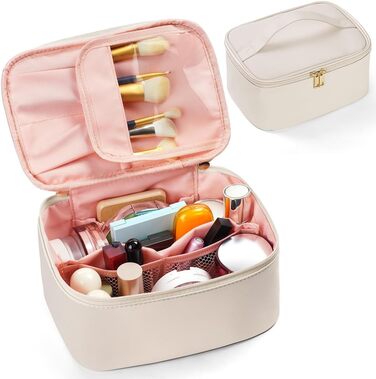 Велика косметичка для жінок, дорожня косметичка з відділеннями, шкіряна косметичка, водовідштовхувальна, з ручкою (#2 білий)