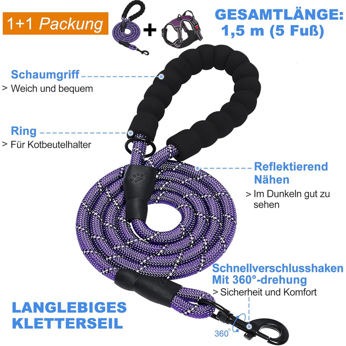 Нашийник для собак Haapaw без натягу, регульований, світловідбиваючий, Оксфорд, зручне керування, середній розмір, з міцним поводом (M, 1 шт.), фіолетовий
