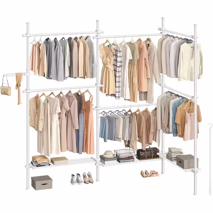 SONGMICS Telescopic Rod Clothes Rack, 3-Tier Wardrobe, Height and Width Adjustable, Open Clothes Closet with 2 Clothes Rods and Removable Shelf, Grab Arm, HSR136B01 (Matt White, 3 Rows (240B~353B) cm)