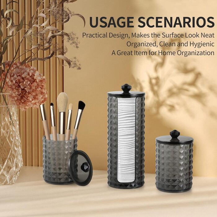 Контейнер для ватних паличок та дисків 3 STK з кришкою, чорний - органайзер для ванної кімнати, PP-матеріал, дизайн 