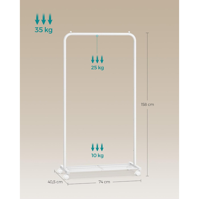SONGMICS Clothes Rack, Rolling Garment Rack, Metal Wardrobe Stand, Rolling Wardrobe 91 cm wide, with Shelf, 2 Swivel Wheels with Brakes, Rod Loadable up to 40 kg, HSR025A01 (White, 74x40.5x158cm)