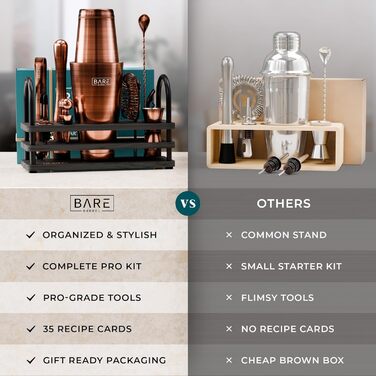 Bare Barrel Cocktail Shaker Set - 14 Piece Bar Set with Boston Shaker, Martini Accessories & Recipe Cards - Home Bartender Kit