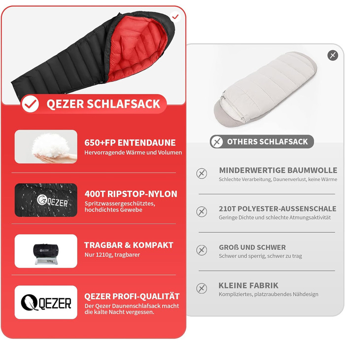 Сплячий мішок для дорослих та дітей, зимовий легкий, 8°C ~ -30°C для кемпінгу та альпінізму, 650 FP гусячий пух (Чорний, 700g пуху)