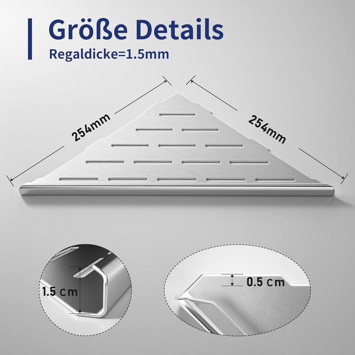 Bernkot Eck Duschregal, Edelstahl 304 Bathroom Shelf for Tiled Walls, Recessed Shelf for Bathroom Renovation (Brushed, 254mm - 2 Pack)