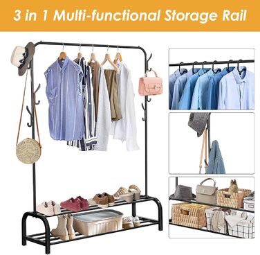 ColdShine Clothes Rack Metal Freestanding Clothes Rack Stable Clothes Rod with Shelf Coat Rack for Coats, Skirts, Shirts, Sweaters, Black