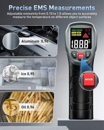 Інфрачервоний термометр Eventek -50°C до 600°C з лазером, регульована випромінювальна здатність, цифровий, LCD дисплей. Для гриля, піци, кухні, промисловості (чорний з аксесуарами 3 в 1)