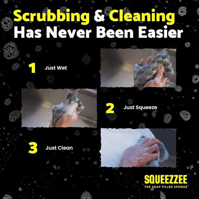 Squeezzee Soap-Filled Sponges – Scratch-Resistant Scrub Sponge with Built-in Dish Soap – Double-Sided Kitchen and Household Cleaning Sponges – Up to 300 Washes Per Sponge – 6 Pack