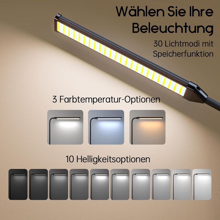 Стійка лампа Aisutha для столу з LED, 3 кольори, 10 рівнів яскравості, регульована, захист очей, для офісу, кабінету та майстерні (чорний)