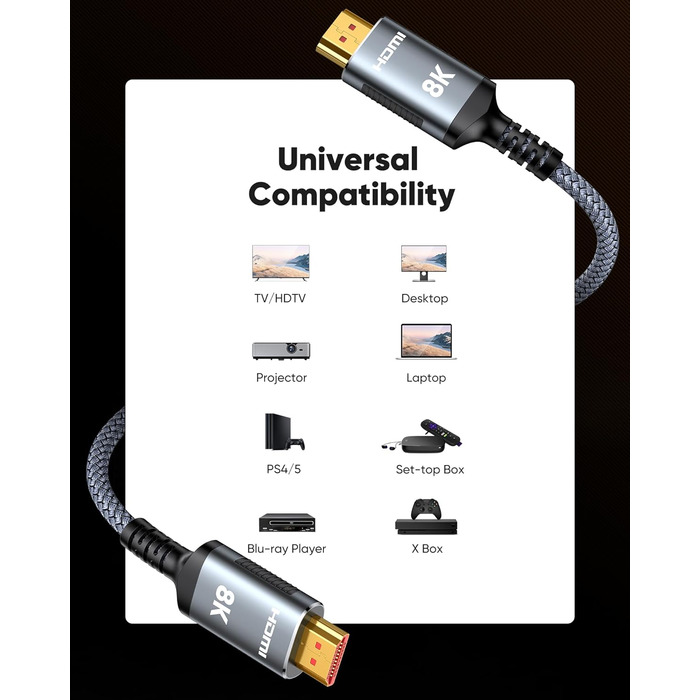 HDMI кабель Highwings 8K 3 метри, HDMI 2.1, 48Gbps, Ultra Highspeed, 8K@60Hz, 4K@120Hz, HDR10, eARC, DTS:X, 3D, HDCP 2.2/2.3, сумісний з PS5/PS4/PS3, HDTV, Blu-ray Player