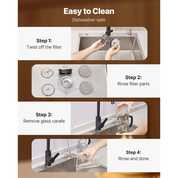 Френч-прес VEVOR 1 л з боросилікатного скла та нержавіючої сталі - для приготування кави, чаю, кемпінгу, подорожей, кухні, ресторану