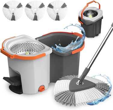 Набір для миття підлоги з відром, моп з функцією віджиму, відро з педальним механізмом та 2-камерним відсіком, повний набір з 3 мікрофібровими накладками для ламінату, паркету та плитки (світло-сірий)