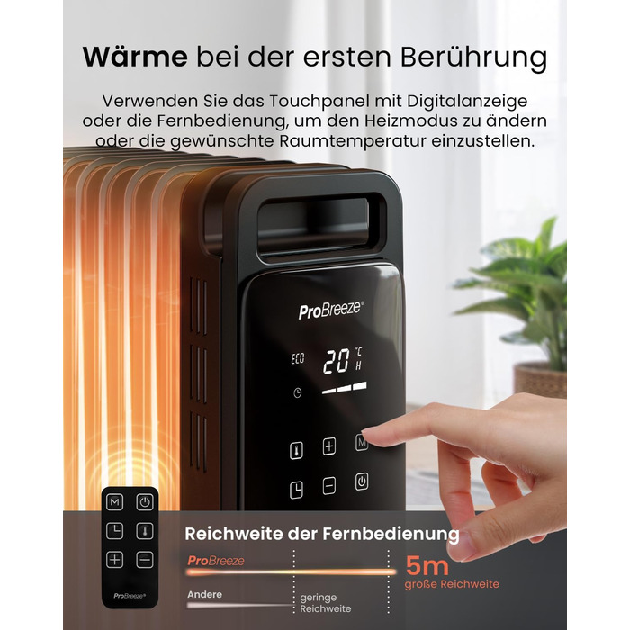 Електричний масляний радіатор Pro Breeze 2500W з 11 ламелями. Розумна система опалення, 3 режими, термостат, Wi-Fi, таймер 24 години, сенсорне керування, захист від перегріву. Білий.