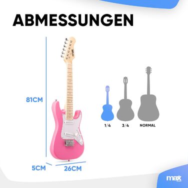 Електрогітара Max GigKit: Повний комплект для початківців (рожева, 1/4, 4/4), з підсилювачем 40W, чохлом, медіатором, ременем, тюнером, кабелем та запасними струнами