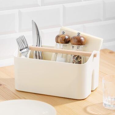 Navaris Storage Box with Wooden Handle - 2 Compartment Box Organizer for Bathroom Kitchen - Basket Storage for Cutlery Cleaning Supplies Portable Small - Cream White