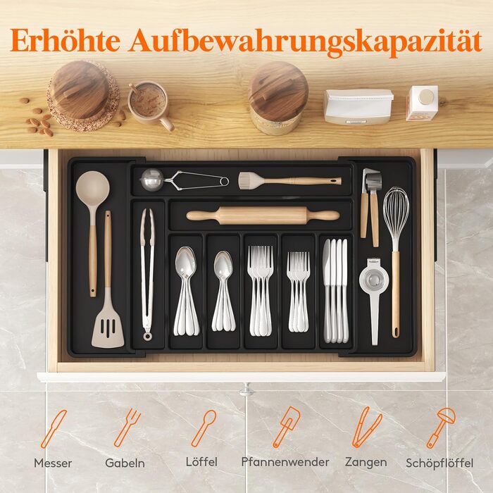 Органайзер для столових приборів Lifewit в шухляду, регульований, чорний (33-57 см x 38 см x 5 см)