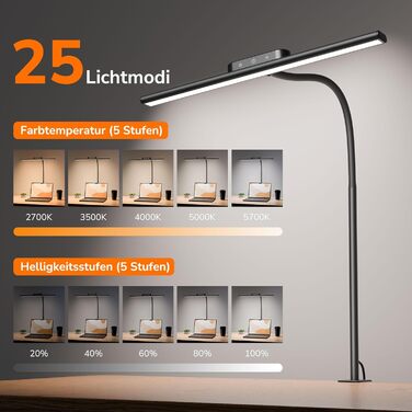 LED Настільна лампа Lepro 11W з кліпсою, диммер, 5 режимів яскравості та колірної температури, гнучкий регульований світильник для дому та офісу, чорна