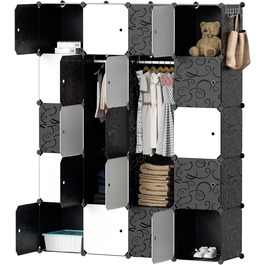 DIY Closet Shelf System, 16 Cubes Wardrobe Closet, Open Closet, Plastic Wardrobe with Doors, Wardrobe Cabinet, Black, 180 x 142 x 37CM (Black and White, 20 Cubes)