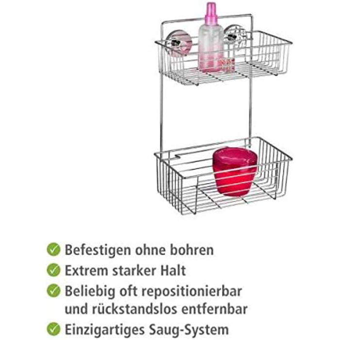 WENKO Vacuum-Loc 2-Tier Shelf, Bari, Wall Shelf for Bathroom and Kitchen, Drilling-Free Mounting with Vacuum, Chrome-Plated Metal, 26 x 38 x 17 cm