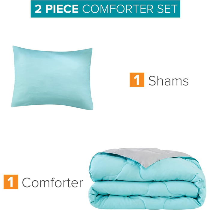Комплект постільної білизни Comfort Spaces Vixie: стеганий дизайн, чорно-сірий, для всіх сезонів, з наволочками (Twin/Twin XL, Aqua/Grey)