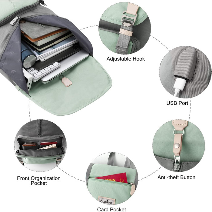 Жіночий рюкзак YAMTION на 17 дюймів з відділенням для ноутбука, USB-порт, для школи, університету, повсякденного використання (17