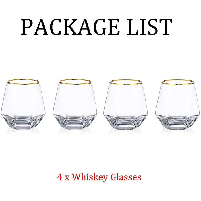 Diamond Whiskey Glasses 4-Piece Set, Tilted Scotch Glasses 300 Ml, Modern Look Whiskey Glasses for Men, Women, Dad, Husband, Friends, Glassware for Bourbon/Rum/Bar Tumbler, Clear + Gold Rim 4