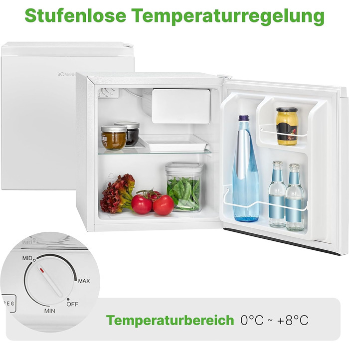 Міні-холодильник Bomann 45L з морозильною камерою: тиха кухонна/офісна/кемпінгова/геймінгова кухонна коробка, двері відкриваються зліва/справа, модель KB 7245, нержавіюча сталь (білий)