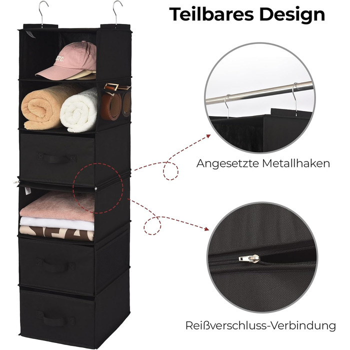 Органайзер для шафи GRANNY SAYS, підвісний, з шухлядами, 1 шт. - підвісне зберігання, полиця для шафи, тканинний органайзер для спальні (чорний, роздільний)