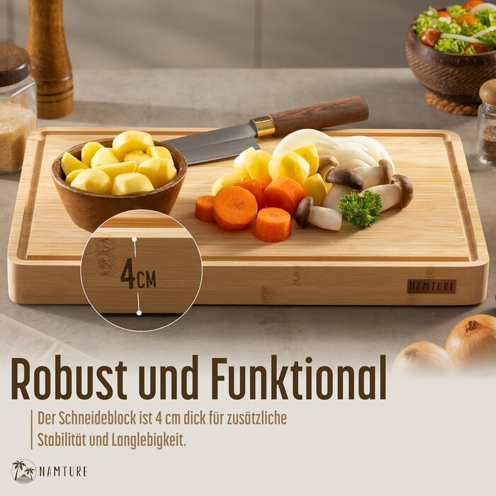 Дерев'яний обробний дощечок Stirnholz 45x30 см з бамбука, преміум-якість, з канавкою для соку, антиковзні ніжки, в подарунковій коробці