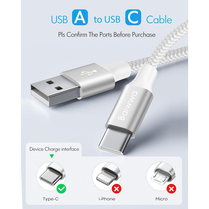 Кабель USB-A на USB-C, білий, 2 шт., 1 м, швидка зарядка 3.1A для iPhone 15/16/17 Pro Max, Samsung Galaxy S24/S23/S22/S21, A55/A54/A35/A25/A16